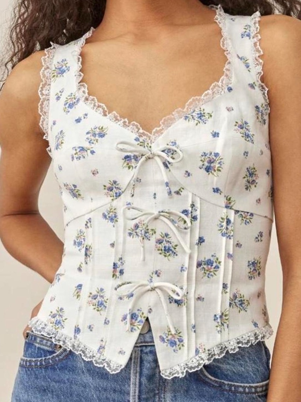 Reformation Brenda linen Floral Lace-Trim Corset Tank Top #023